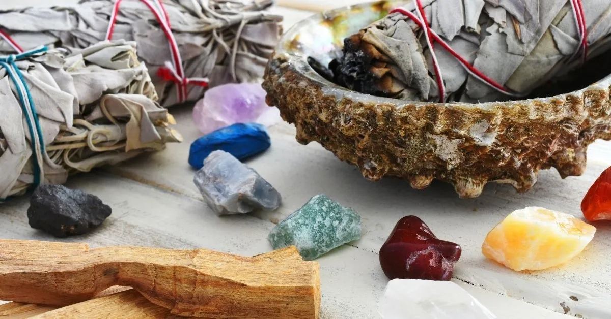 crystals and sage ritual