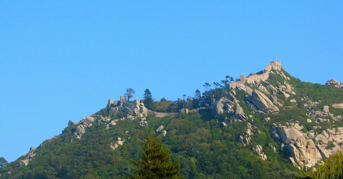 looking up at the Castelo dos Mouros in the Serra de Sintra mountains in Lisbon
