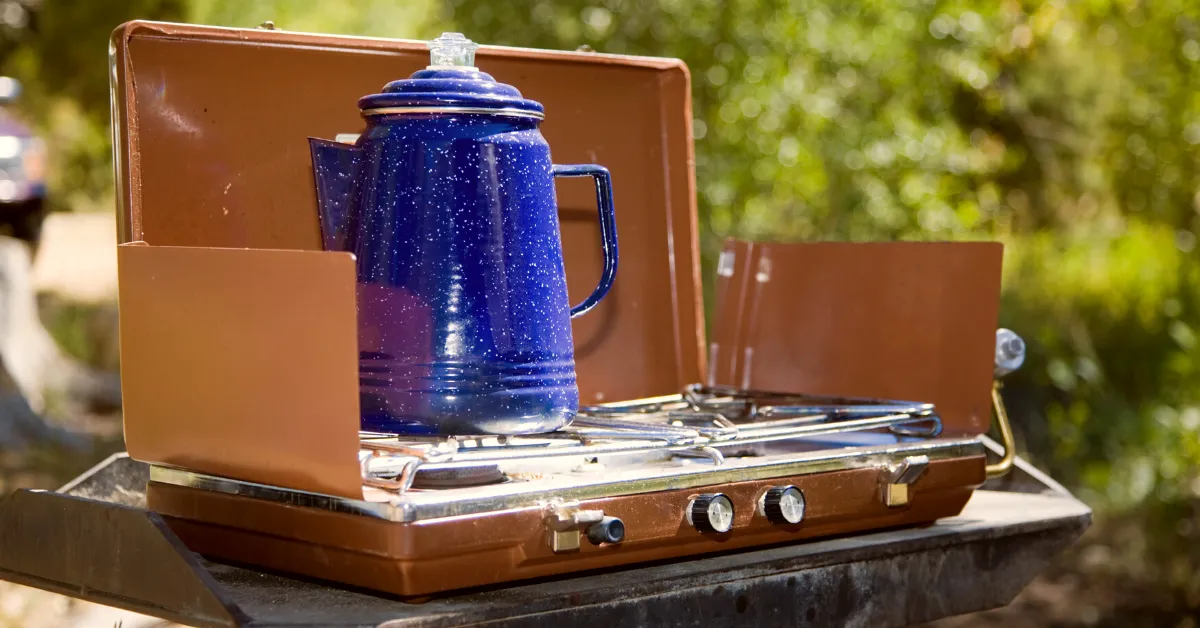 blue stovetop camping kettle