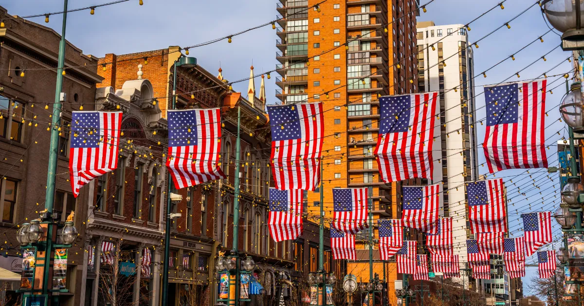 Larimer square filled with american flags