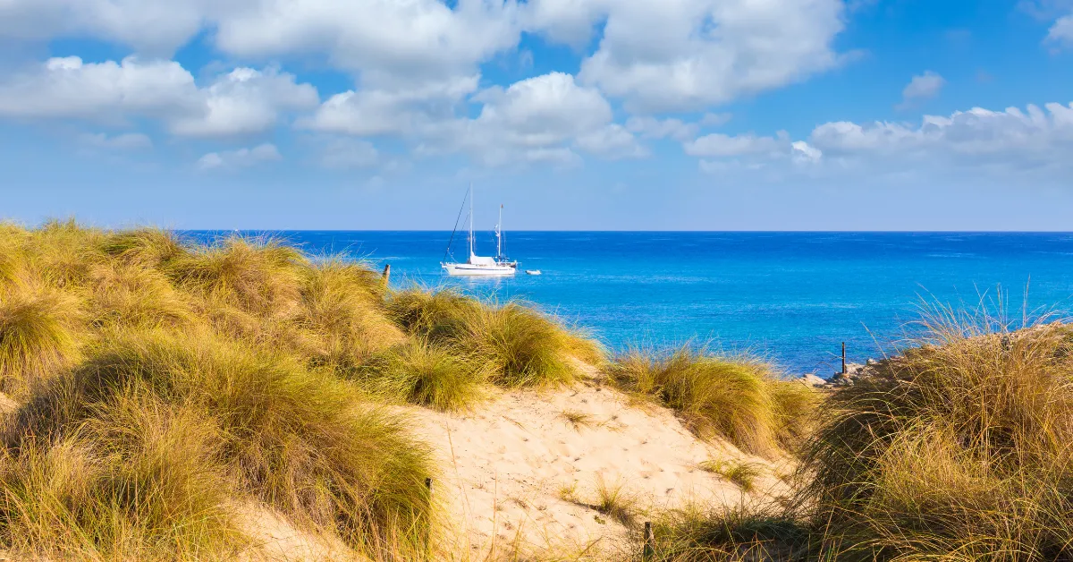 Mallorca Cala Mesquida Beach with beach grass and a sailboat in distance