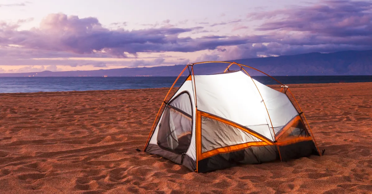 beach camping at dusk
