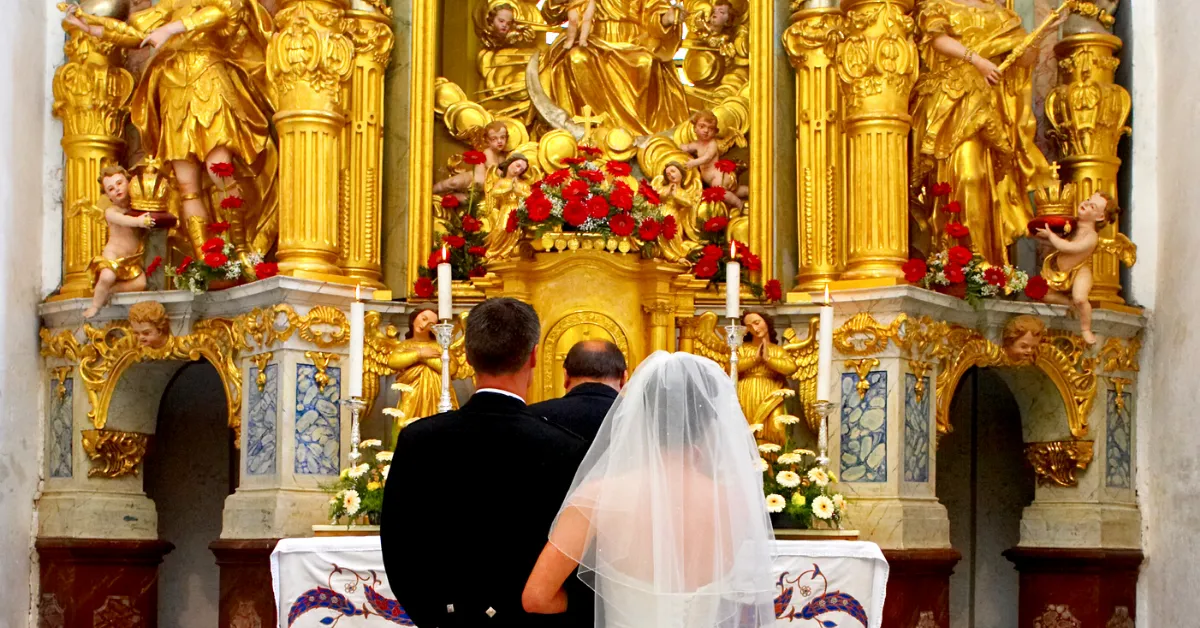 couple eloping inside of a church in spain
