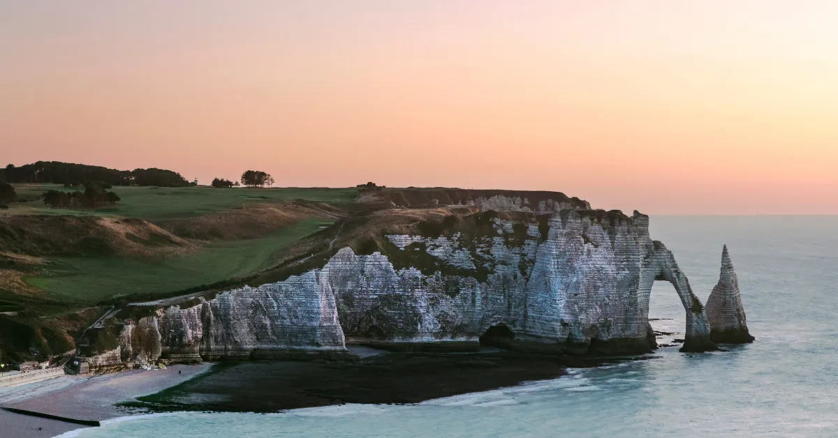 eetretat rock formations at sunset on the french coast