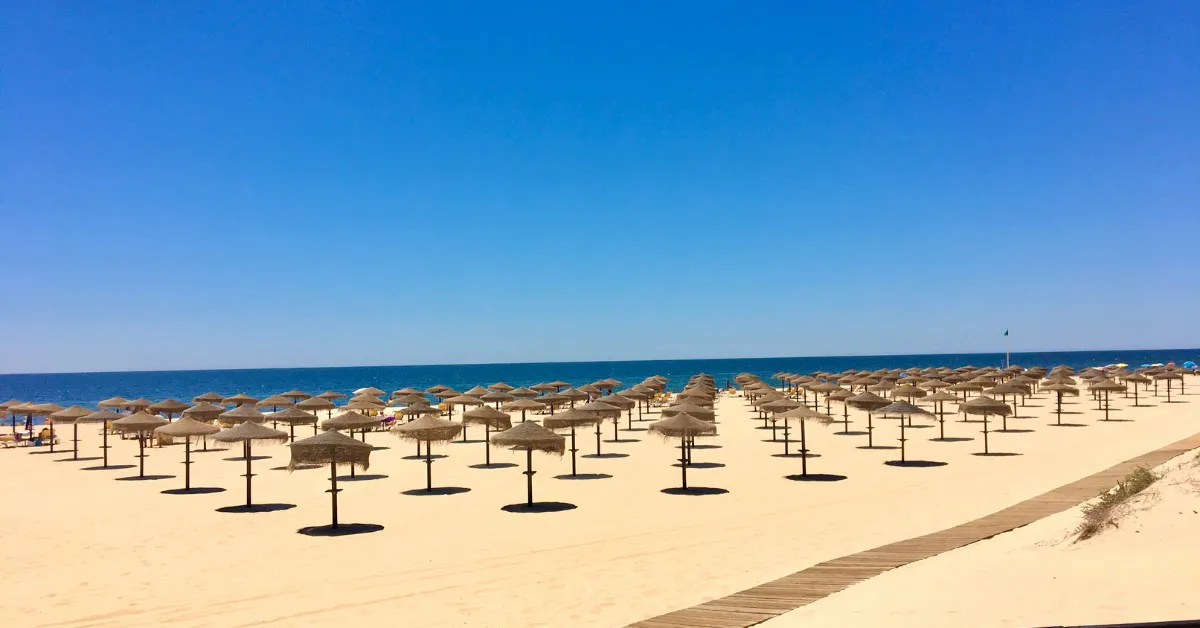 tavira beach with umbrellas