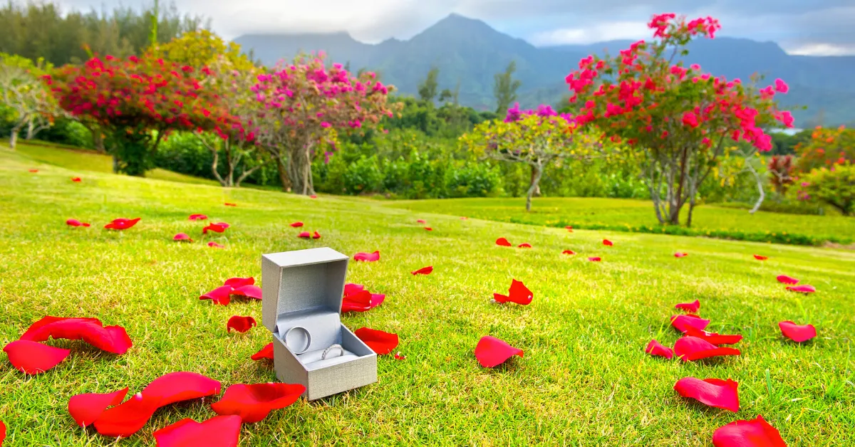 wedding rings in a box sitting on bright green grassy hill with bright red flowered bushes and a mountain in the background