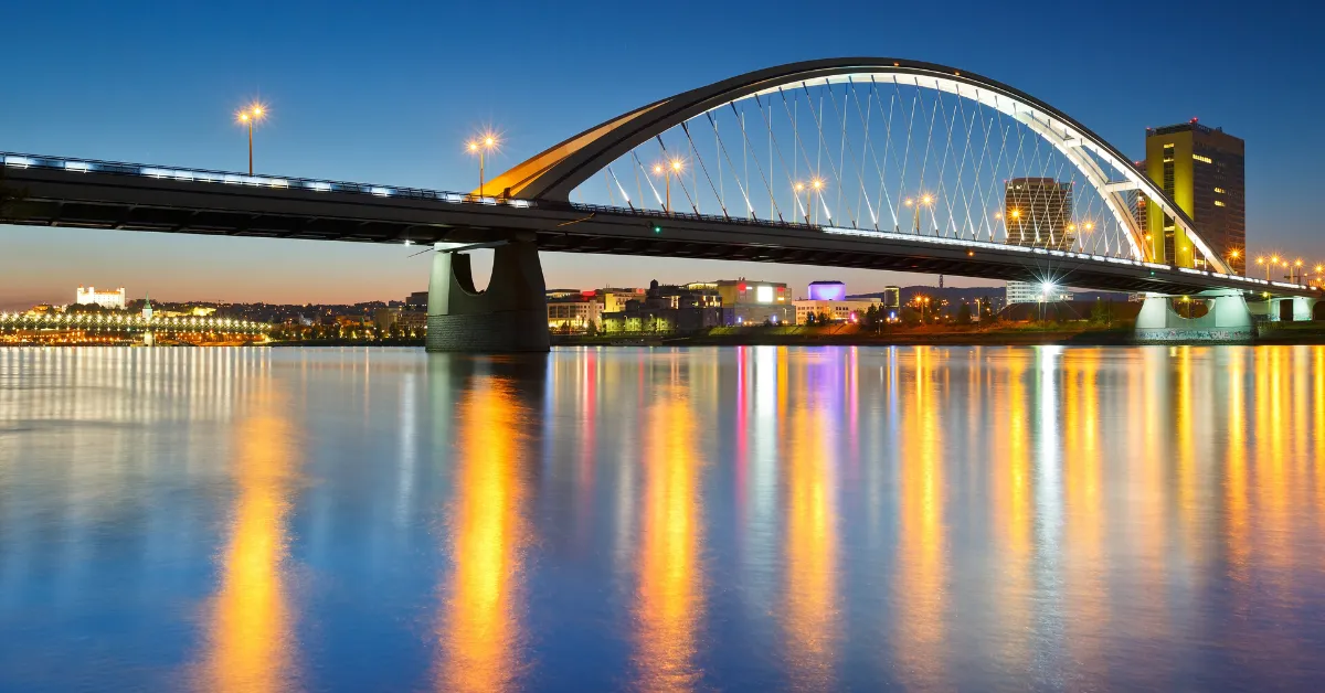 Apollo Bridge at night in Bratislava