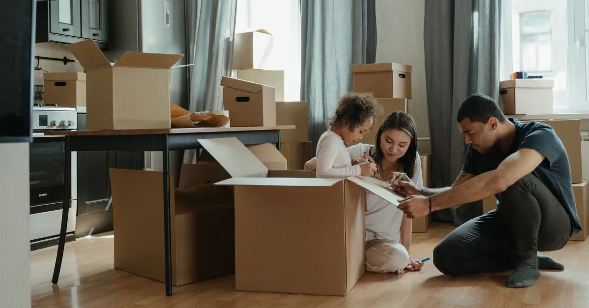 Family unpacking after moving