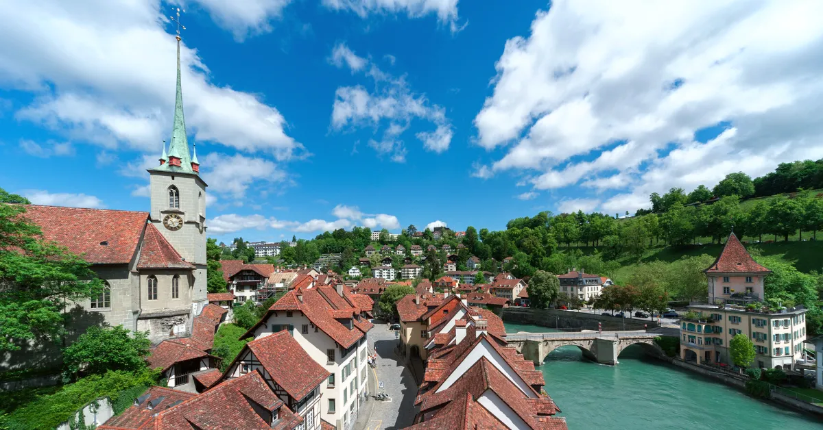 Bern neighborhood and church along water