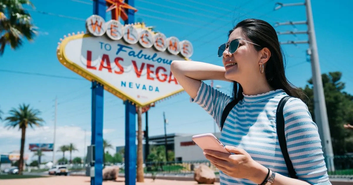 Woman in Las Vegas with her mobile phone in hand