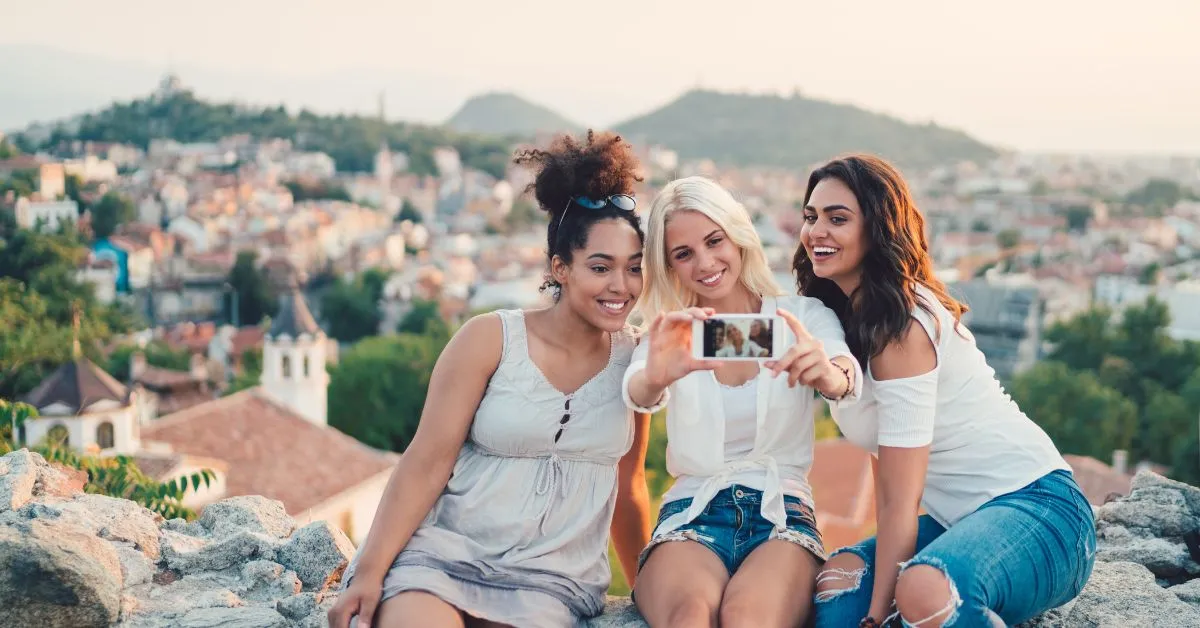 Women taking a selfie in Europe