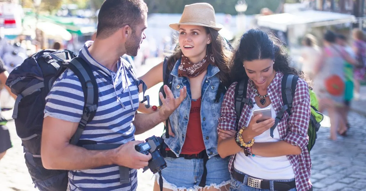 Tourist group with phone
