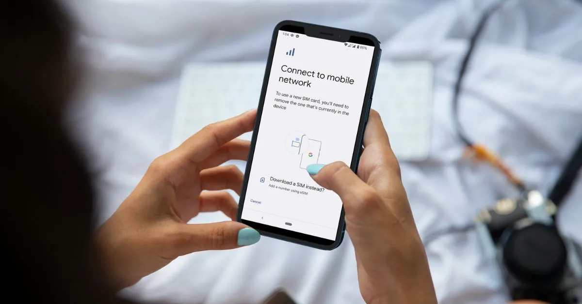 Woman installing an esim on her google pixel phone