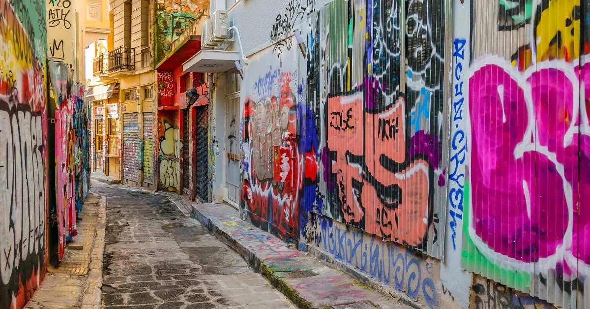 plaka district empty street with graffiti