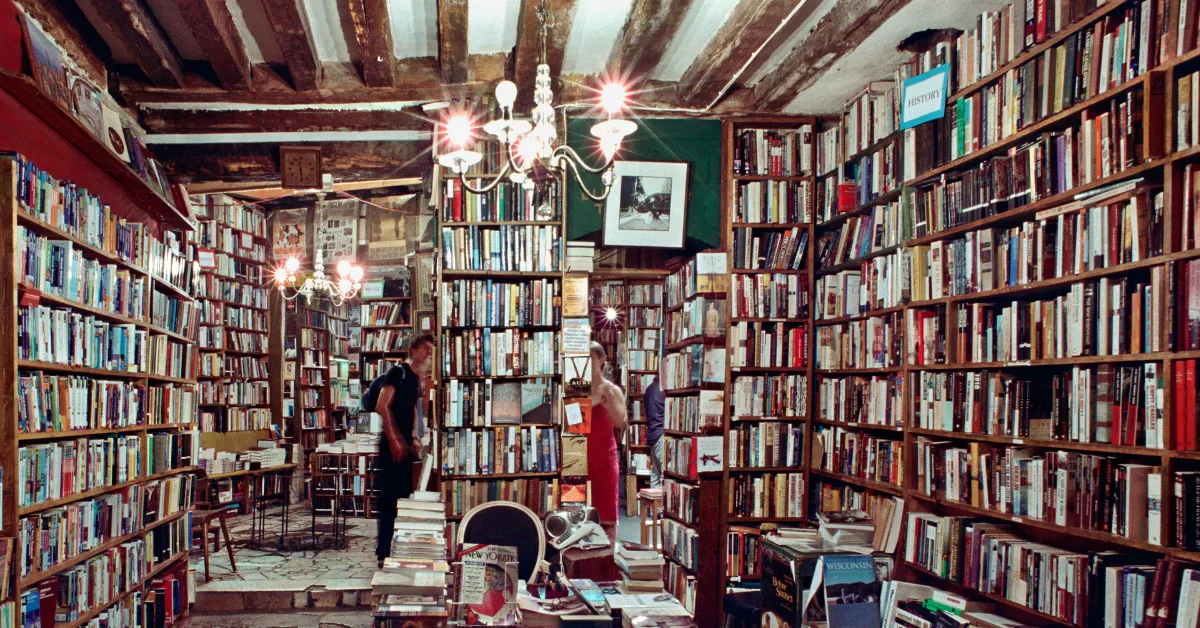 dimly lit bookstore