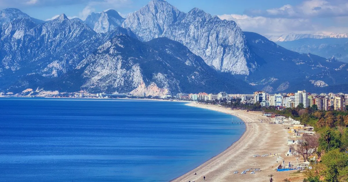 Beach with mountains in the distance, Antalya, Turkey