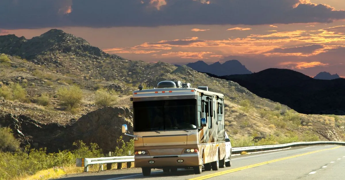 Rv on the road at sunset time