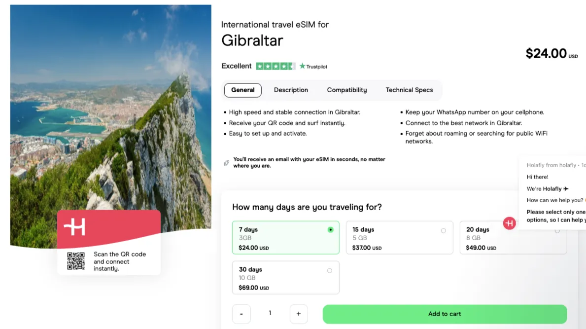 Gibraltar Holafly eSIM plans