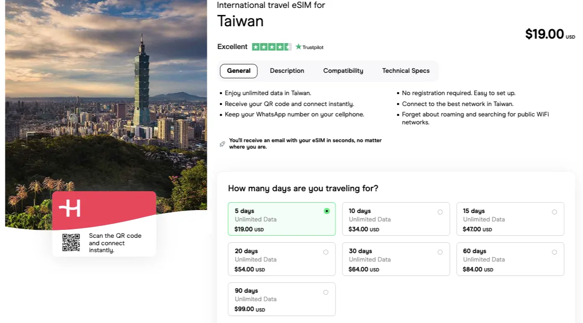 Holafly Taiwan eSIM plans