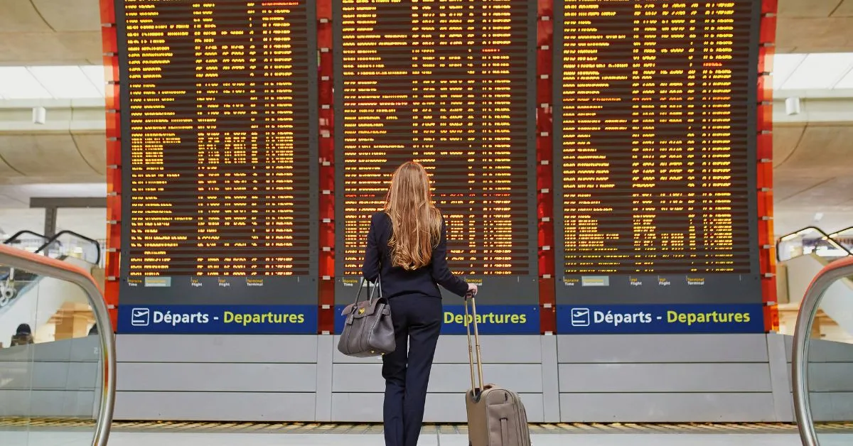 Woman at the airport looking at flight schedule