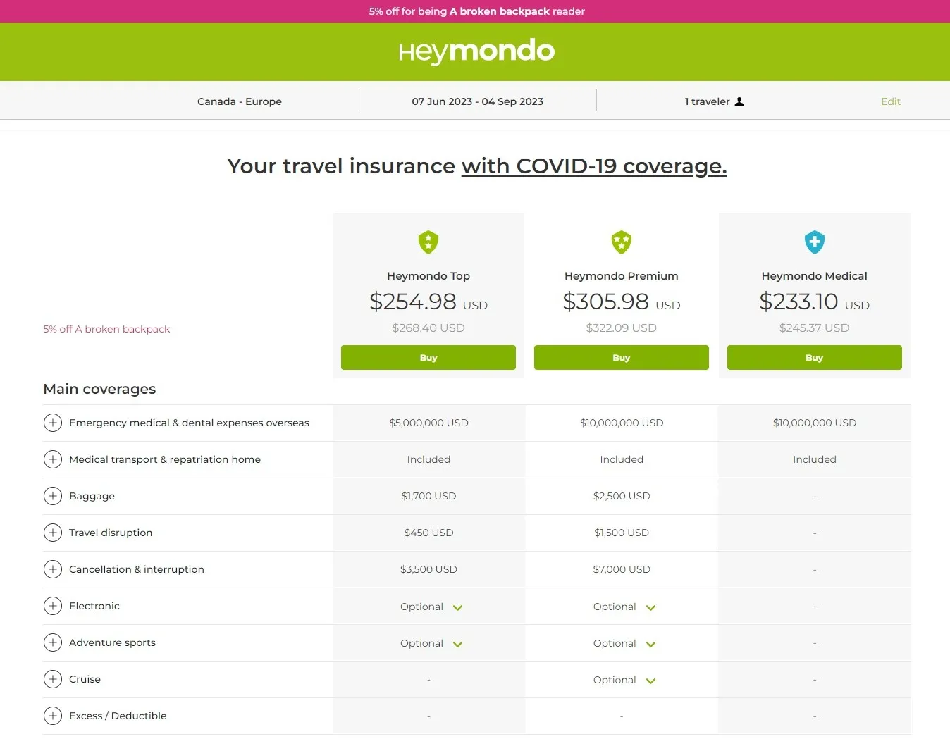 heymondo pricing table